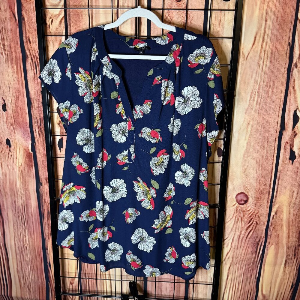 Papermoon - Vivier Short Sleeve Mixed Material Blouse - Navy - 3x -